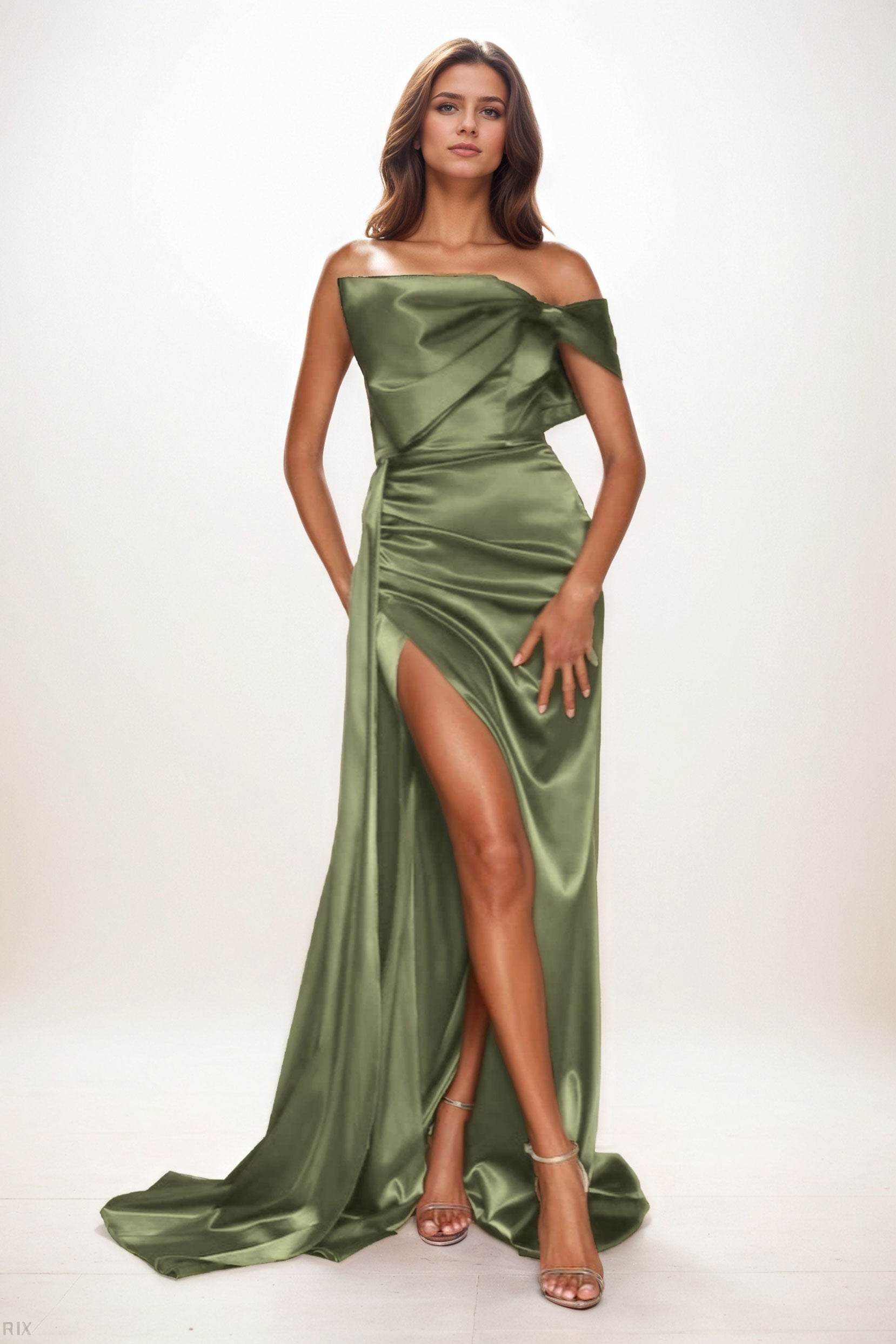 Trumpet-Mermaid Sweep-Brush Train Luxe Satin Wedding Guest Dress CG0293 - COCOMELODY
